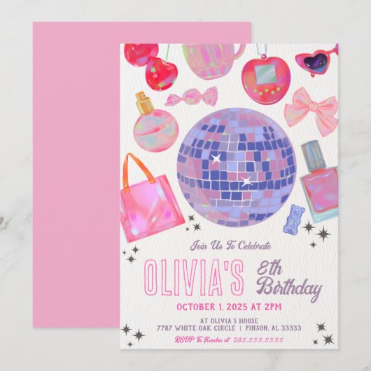 Disco Ball Girl Verjaardag Uitnodiging (Voorkant / Achterkant)