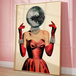 Disco Ball Head Vrouw Wall Art, Glam Retro Party Poster