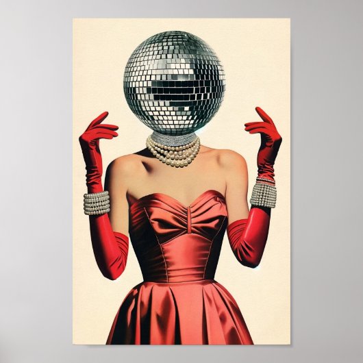 Disco Ball Head Vrouw Wall Art, Glam Retro Party Poster (Voorkant)