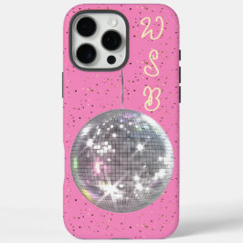 Disco Ball Hot Pink Gepersonaliseerde Initialen iPhone 16 Pro Max Hoesje
