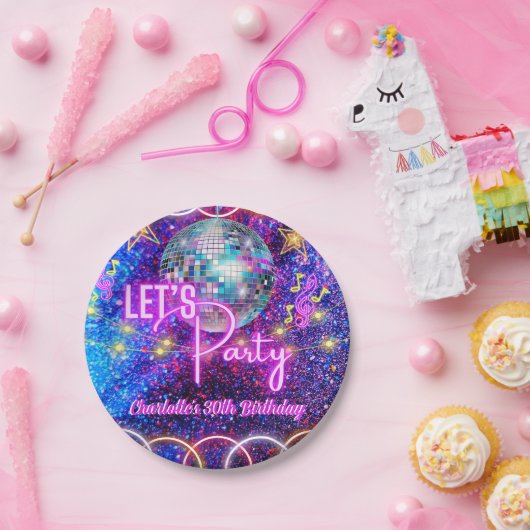 Disco Ball Let's Party Neon Pink Glow Verjaardag Papieren Bordje (Feest)