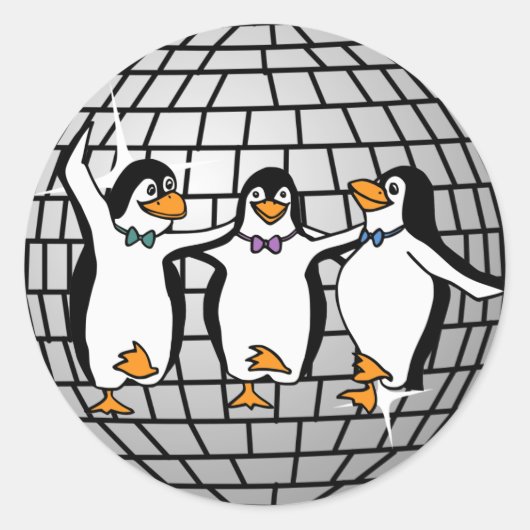 Disco Ball met Dancing Penguins Sticker (Rond) (Voorkant)