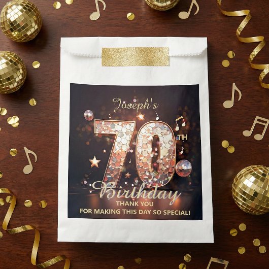 Disco Ball Music Notes Gold Glitter 70th Birthday  Bedankzakje