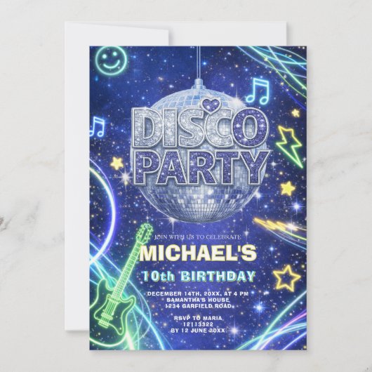 Disco Ball Neon Space Kids Birthday Party Invite Kaart (Voorkant)