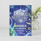 Disco Ball Neon Space Kids Birthday Party Invite Kaart (Staand voorkant)