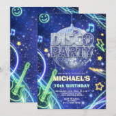 Disco Ball Neon Space Kids Birthday Party Invite Kaart (Voorkant / Achterkant)