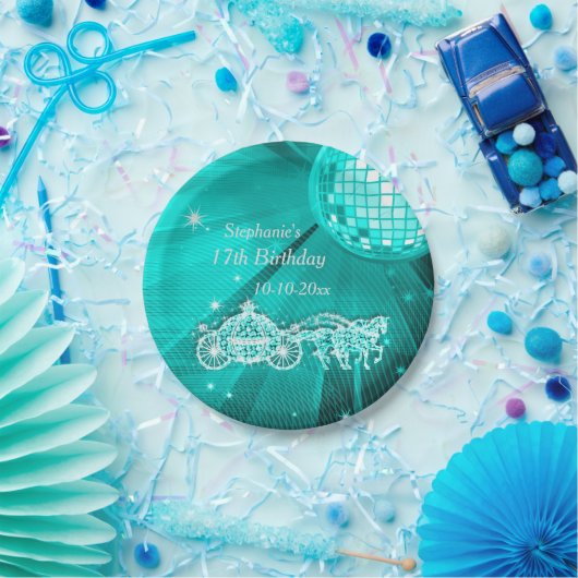 Disco Ball, Princess Coach & Horses 17th Birthday Papieren Bordje (Feest)