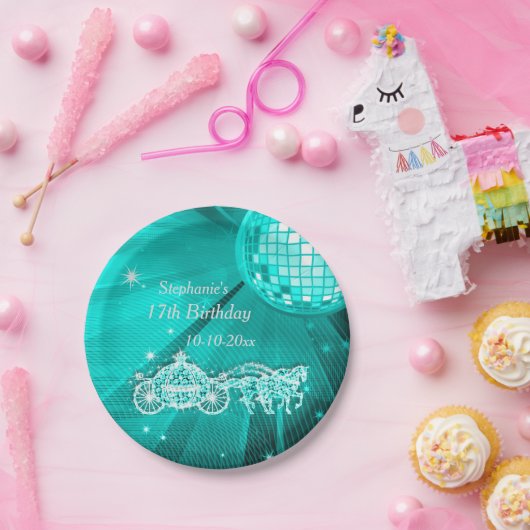 Disco Ball, Princess Coach & Horses 17th Birthday Papieren Bordje (Feest)