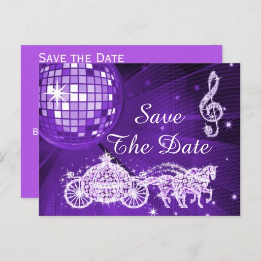 Disco Ball, Princess Coach & Horses slaan de datum Aankondigingskaart (Voorkant / Achterkant)