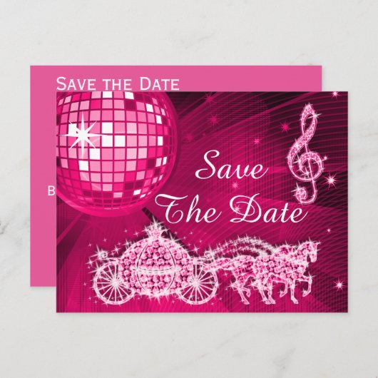 Disco Ball, Princess Coach & Horses slaan de datum Aankondigingskaart (Voorkant / Achterkant)