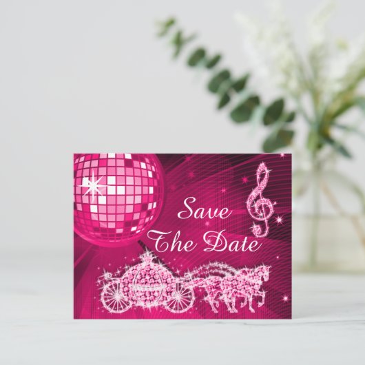 Disco Ball, Princess Coach & Horses slaan de datum Aankondigingskaart (Staand voorkant)