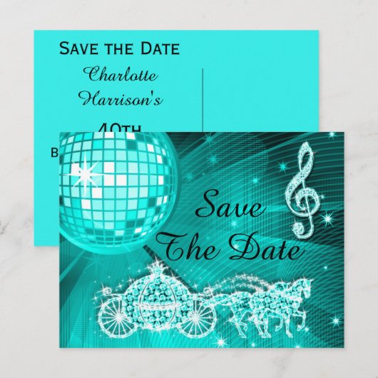 Disco Ball, Princess Coach & Horses slaan de datum Aankondigingskaart (Voorkant / Achterkant)