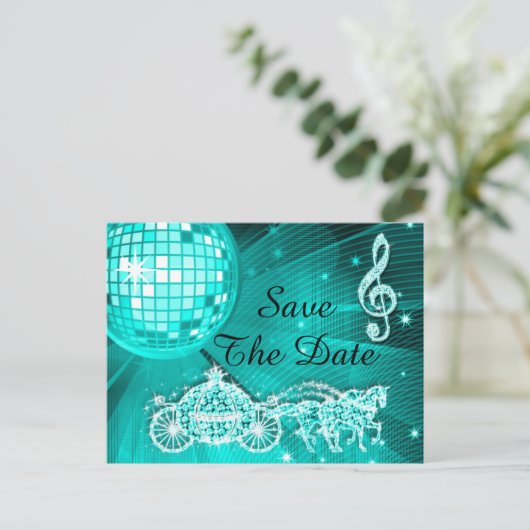 Disco Ball, Princess Coach & Horses slaan de datum Aankondigingskaart (Staand voorkant)