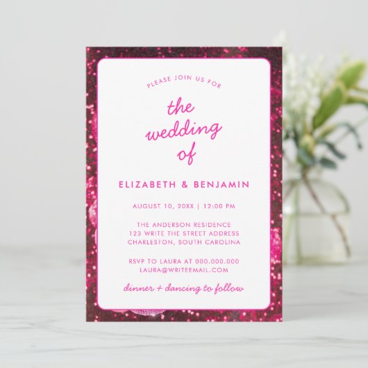 Disco Ball Retro QR Code Foto Hot Roze Bruiloft Kaart (Staand voorkant)