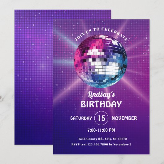 Disco Ball Retro Verjaardag Uitnodiging (Voorkant / Achterkant)