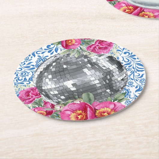 Disco Ball Roze Bloemenblauwe Tegel Ronde Kartonnen Onderzetter (Gebogen)