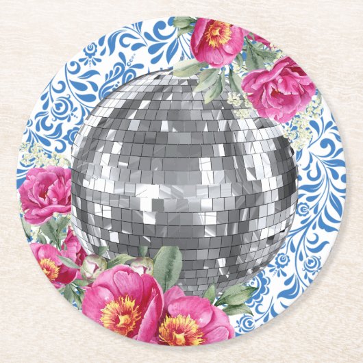 Disco Ball Roze Bloemenblauwe Tegel Ronde Kartonnen Onderzetter (Voorkant)