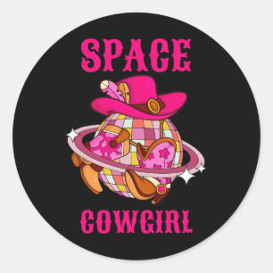 Disco Ball Space Cowgirl Western Retro Roze Koeien Ronde Sticker