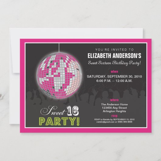 Disco Ball Sweet 16 Birthday Party Invite (roze) Kaart (Voorkant)