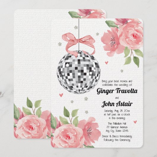 Disco Ball Wedding Invitations Pink Floral Kaart (Voorkant / Achterkant)