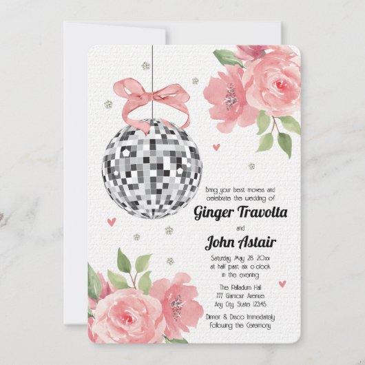 Disco Ball Wedding Invitations Pink Floral Kaart (Voorkant)