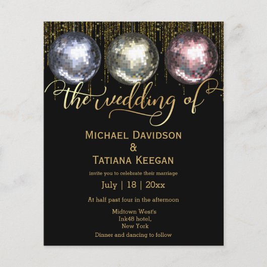 disco ballen glitters gouden trouwuitnodiging (Voorkant)