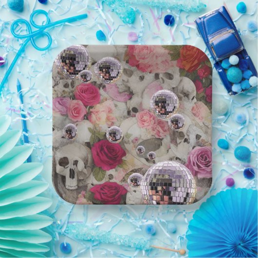 Disco Balls Skulls en Rozen Papieren Bordje (Feest)