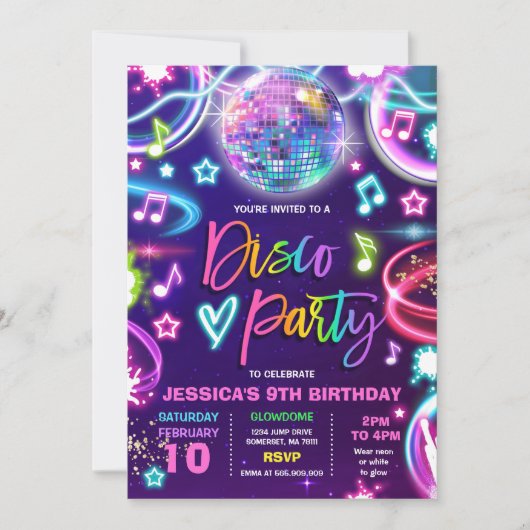 Disco Birthday Party Neon Glow Disco Dance Kaart (Voorkant)