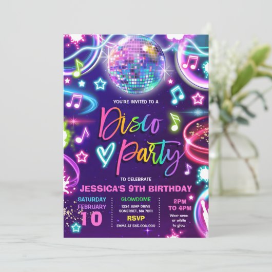 Disco Birthday Party Neon Glow Disco Dance Kaart (Staand voorkant)