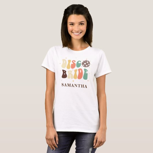 Disco Bruid Naam Aangepaste Bachelorette Feest Ret T-shirt (Voorkant volledig)