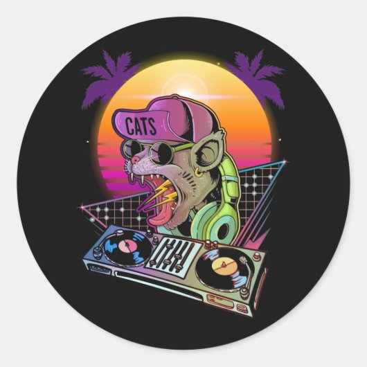Disco Cat DJ Vaporwave 80s 90s Techno Music Lover Ronde Sticker (Voorkant)