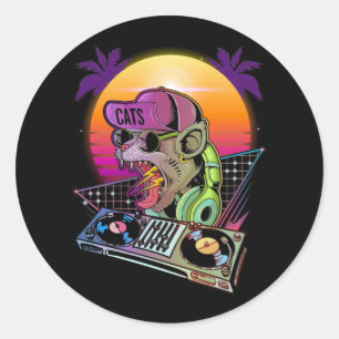 Disco Cat DJ Vaporwave 80s 90s Techno Music Lover Ronde Sticker