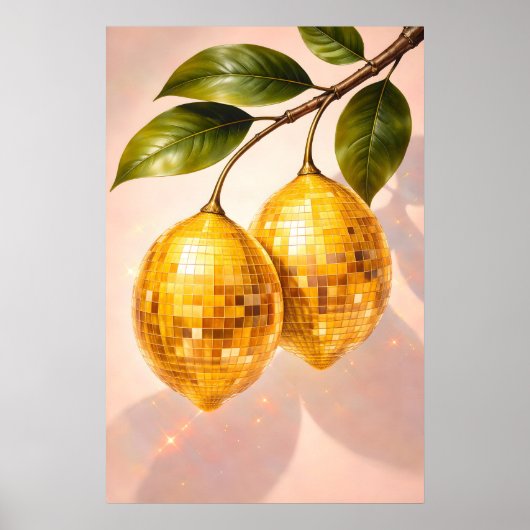 Disco Citroen Poster, Retro Disco Bal Fruit Kunst Poster (Voorkant)