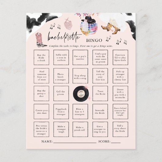 Disco Cowgirl | Bachelorette Bingo Party Game Kaar (Voorkant)