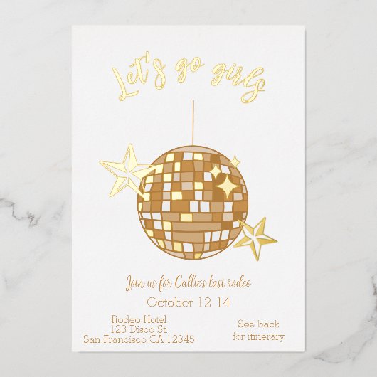 Disco Cowgirl Bachelorette Itinerary Last Rodeo Folie Uitnodiging (Voorkant)