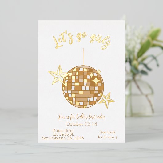 Disco Cowgirl Bachelorette Itinerary Last Rodeo Folie Uitnodiging (Staand Voorkant)