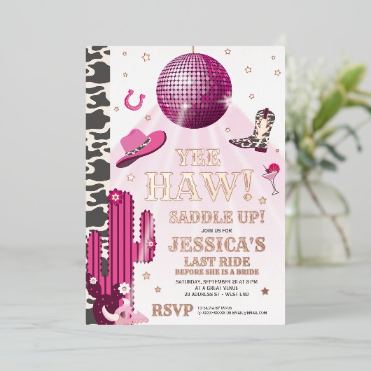 Disco Cowgirl Bachelorette Party Folie Uitnodiging (Staand Voorkant)