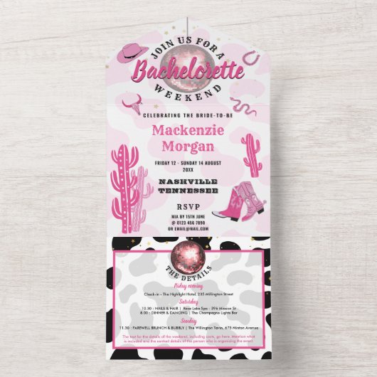 Disco Cowgirl Bachelorette Weekend Party All In One Uitnodiging (Binnen)
