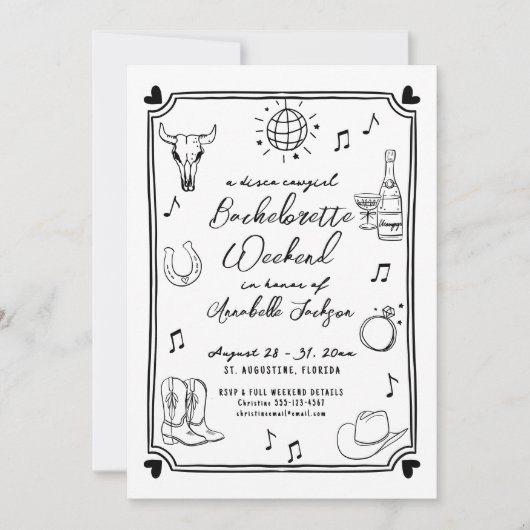 Disco Cowgirl Hand getrokken vrijgezellenfeest Kaart (Voorkant)