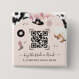 Disco Cowgirl Rodeo Trakt de Bruid een Drankje QR Vierkante Button 5,1 Cm