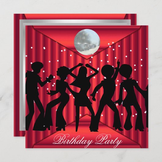 Disco Dance Birthday Party Invitation red Kaart (Voorkant / Achterkant)