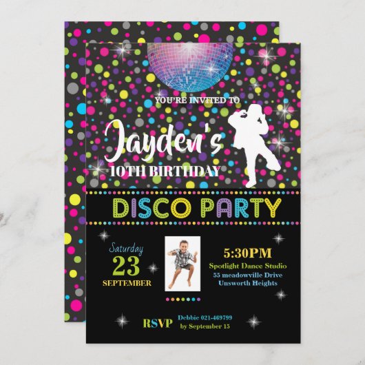 Disco Dance verjaardagsfeestje uitnodiging jongen (Voorkant / Achterkant)