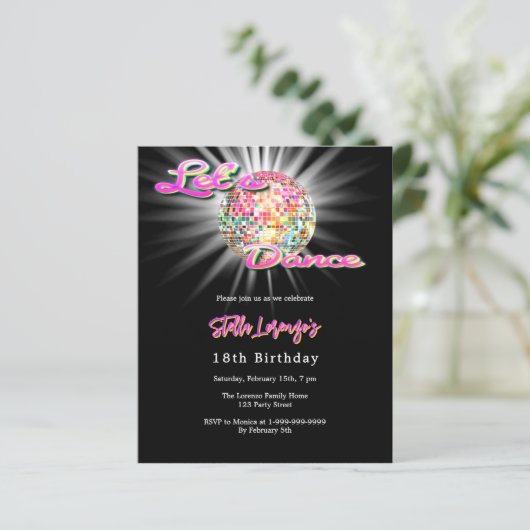 Disco dansfeest roze zwarte verjaardag uitnodiging (Staand voorkant)
