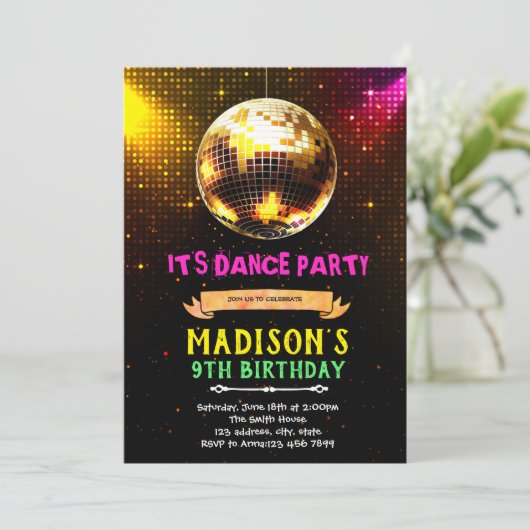 Disco dansfeest verjaardagsuitnodiging kaart (Staand voorkant)