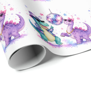 Disco Dinosaur Watercolor Verjaardagsfeest Cadeaupapier