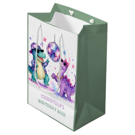 Disco Dinosaur Watercolor Verjaardagsfeest Medium Cadeauzakje (Voorkant Gekanteld)