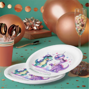 Disco Dinosaur Watercolor Verjaardagsfeest Papieren Bordje