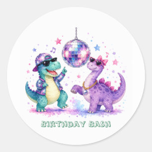 Disco Dinosaur Watercolor Verjaardagsfeest Ronde Sticker