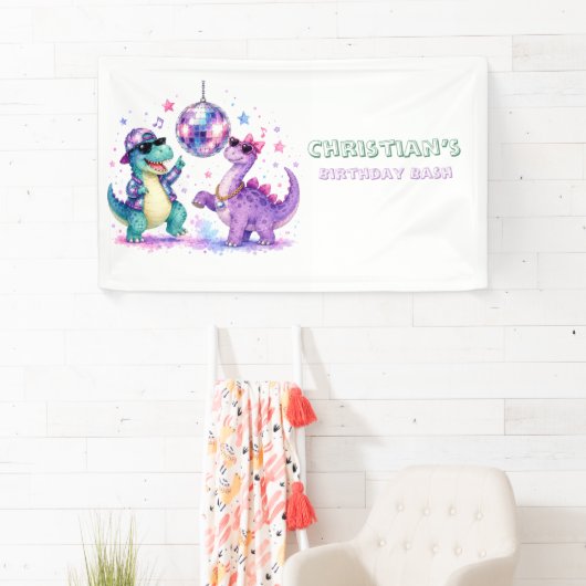 Disco Dinosaur Watercolor Verjaardagsfeest  Spandoek (Insitu)