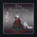 Disco Diva Cake, Silver Heels 21st Birthday Kaart<br><div class="desc">De viering van de 21e verjaardag van vrouwen met glamoureuze zwarte , zilveren en rode 21e verjaardag uitnodigingen met het zilveren gedrukte rhinestones juwelen met hoge hakken stiletto schoenen met sparkles, een prachtige rode en zwarte girale diva cake met een funky zilverkleurige spiegel, bloemen, roldiamanten en het stropdas van het...</div>